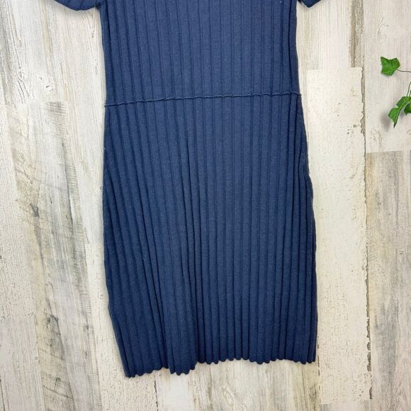 Free People Navy Rib Knit Sweater Mini Dress Short Sleeves Asymmetric Buttons S - Picture 7 of 10